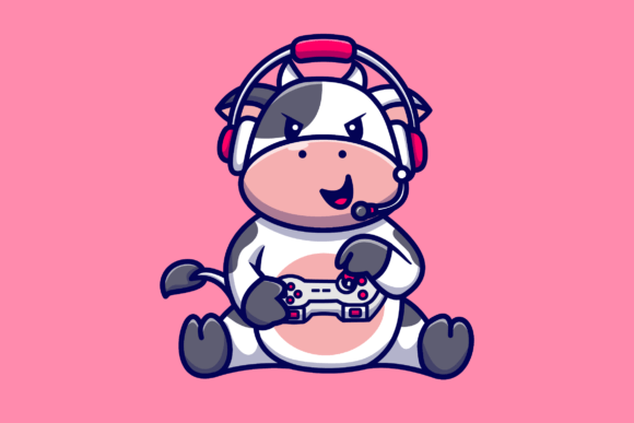 Cute Cow Gaming Illustration for Graphics